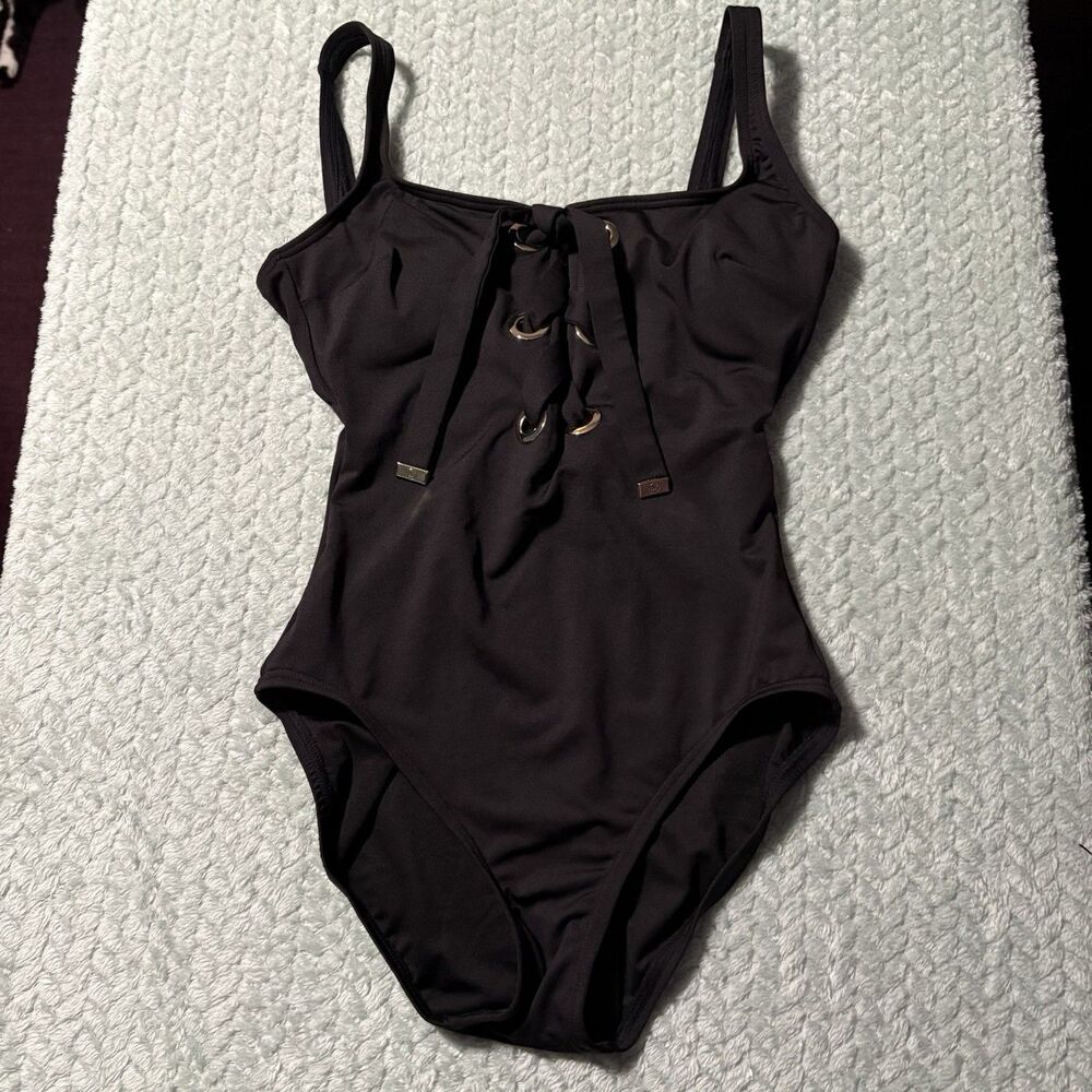 Michael Kors Womens 6 One Piece Swimsuit Black Lace Up Grommet Luxury Solid Swim